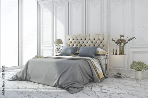 3d rendering luxury blue bed in white classic bedroom