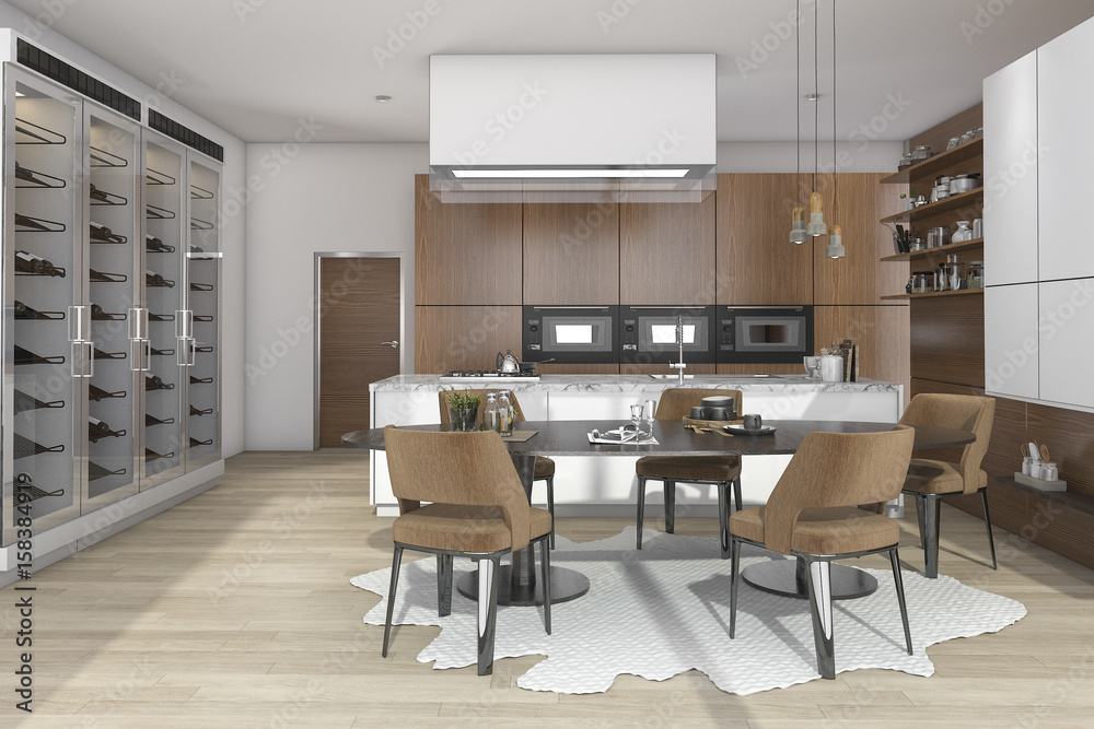3d rendering dining set in wood kitchen and living design