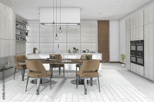3d rendering dining set in wood kitchen and living design © dit26978
