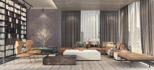 Modern interior design of living room 3D Render