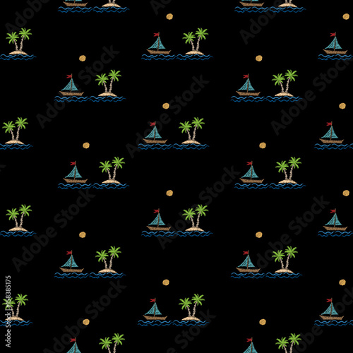 Seamless pattern with embroidery stitches imitation little palm tree with boat, wave and sun