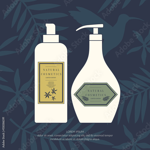 Vector illustration of jars, tubes for natural cosmetics on the background of palm leaves, tropical birds and flowers.