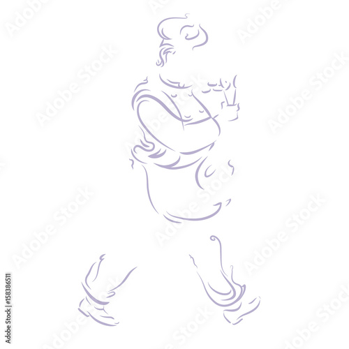 Wisps of smoke define a figure of a chef carrying a string of sausage with a pair of tongs.