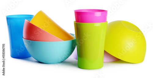 Colorful plastic cups and plates