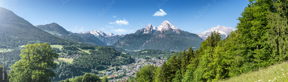 Panoramic view over Berchtesgaden with Watzmann, Bavaria, Germany