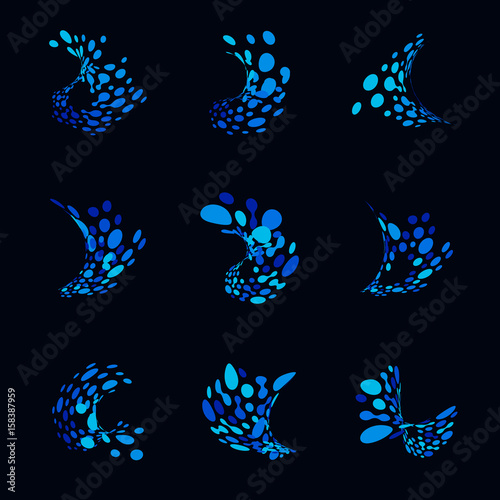 Abstract logos from dots in the form of an ocean wave. Set of blue icons from distorted dots. Liquid splash vector illustration.