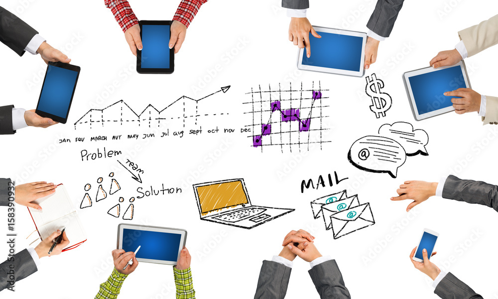 Top view of businesspeople sitting at table and using gadgets
