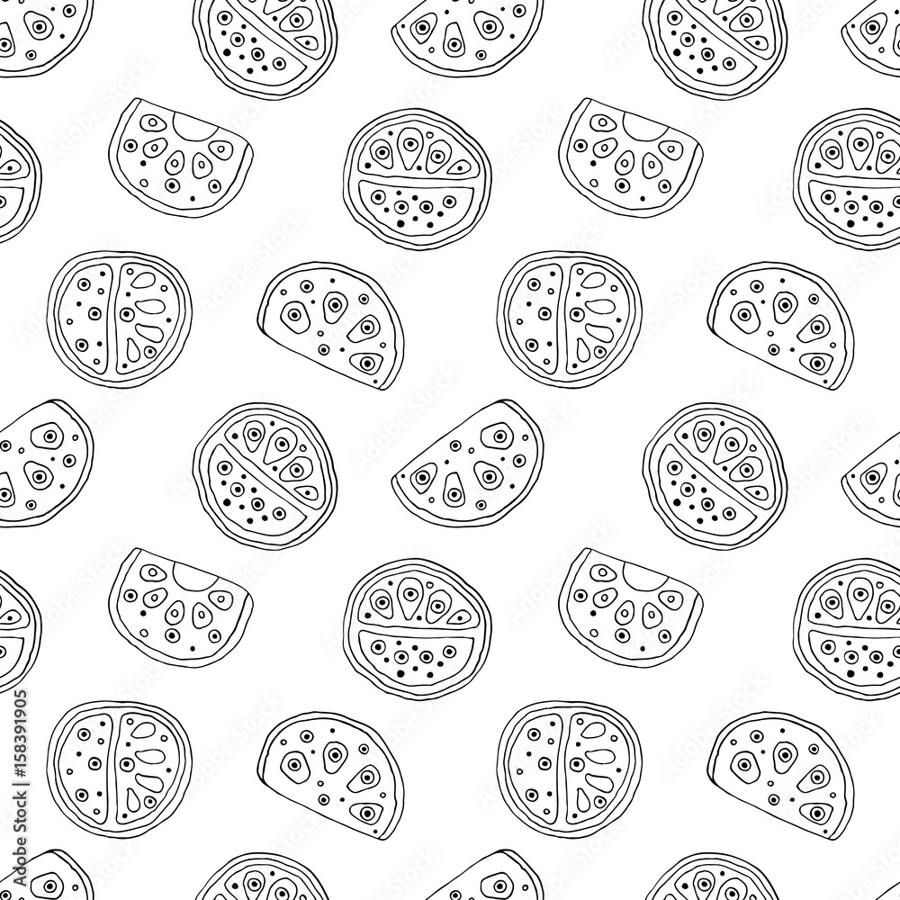 Seamless vector hand drawn childish pattern with fruits. Cute childlike watermelon with leaves, seeds, drops. Doodle, sketch, cartoon style background. Line drawing Endless repeat swatch
