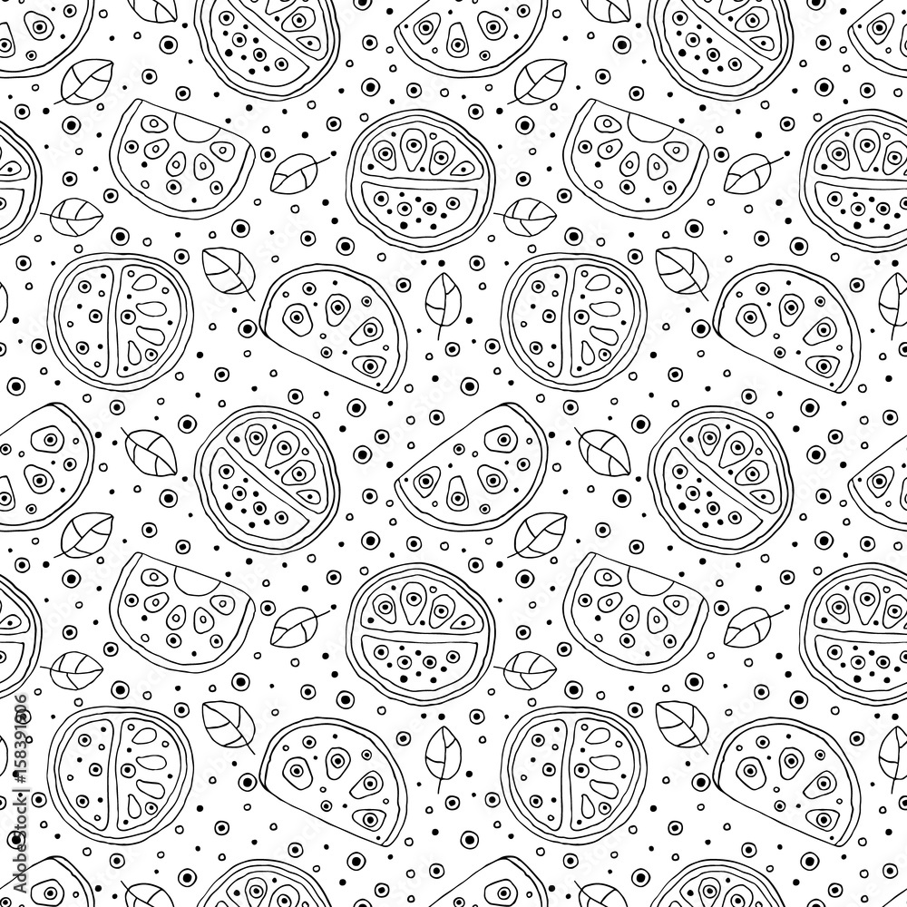 Seamless vector hand drawn childish pattern with fruits. Cute childlike watermelon with leaves, seeds, drops. Doodle, sketch, cartoon style background. Line drawing Endless repeat swatch Seamless vector hand drawn childish pattern with fruits. Cute childlike watermelon with leaves, seeds, drops. Doodle, sketch, cartoon style background. Line drawing Endless repeat swatch
