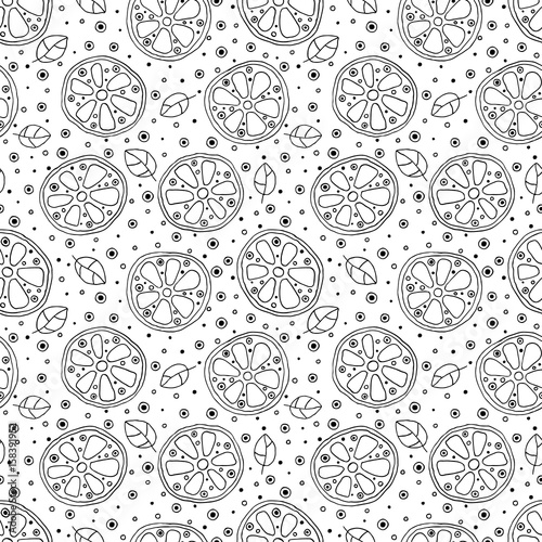 Seamless vector hand drawn childish pattern with fruits. Cute childlike lime, lemon, orange, grapefruit with leaves, seeds, drops. Doodle, sketch, cartoon style background. Line drawing