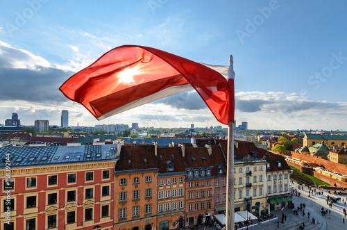 Poland Flag on centre of Warsaw Background