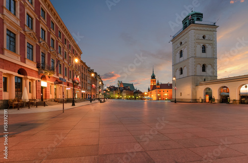 Royal castle and old town square at sunrise in Poland