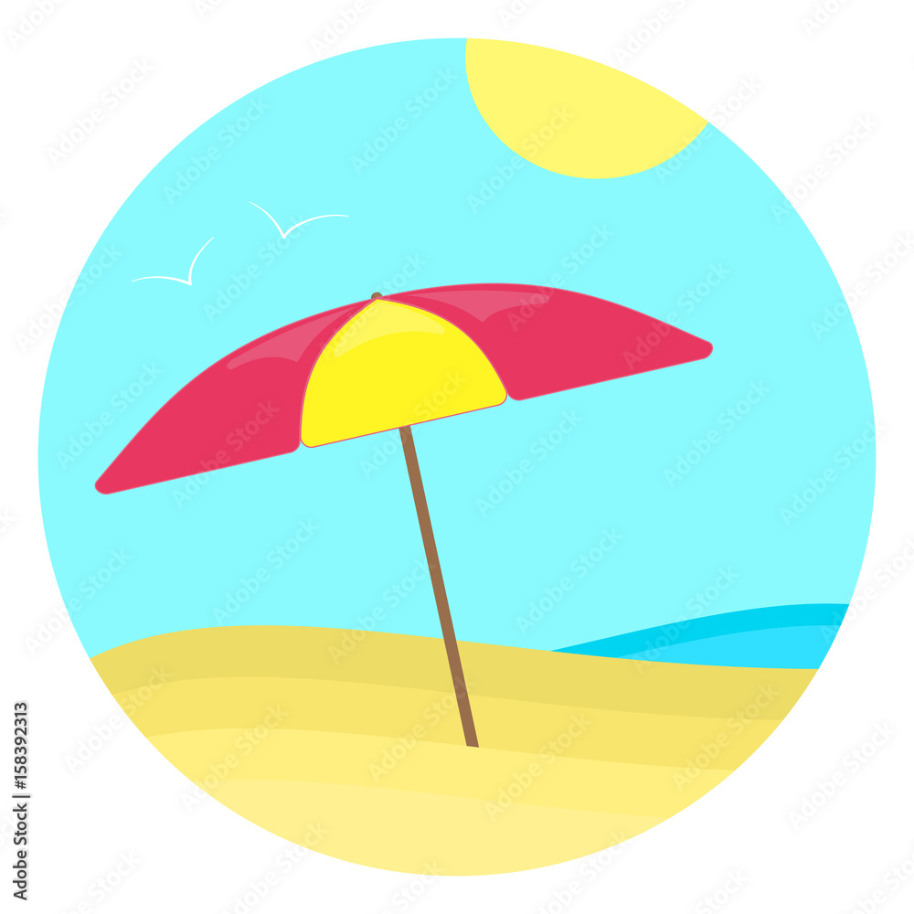 Colorful flat summer sun umbrella on the yellow beach near the sea