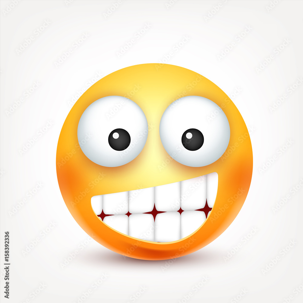 Smiley, happy emoticon. Yellow face with emotions. Facial expression. 3d realistic emoji. Funny cartoon character.Mood. Web icon. Vector illustration. Smiley, happy emoticon. Yellow face with emotions. Facial expression. 3d realistic emoji. Funny cartoon character.Mood. Web icon. Vector illustration.