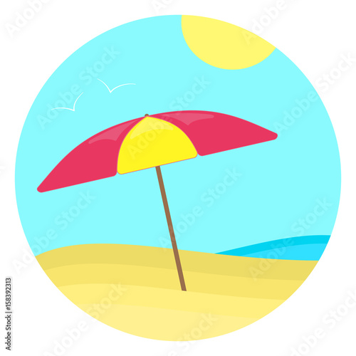 Colorful flat summer sun umbrella on the yellow beach near the sea