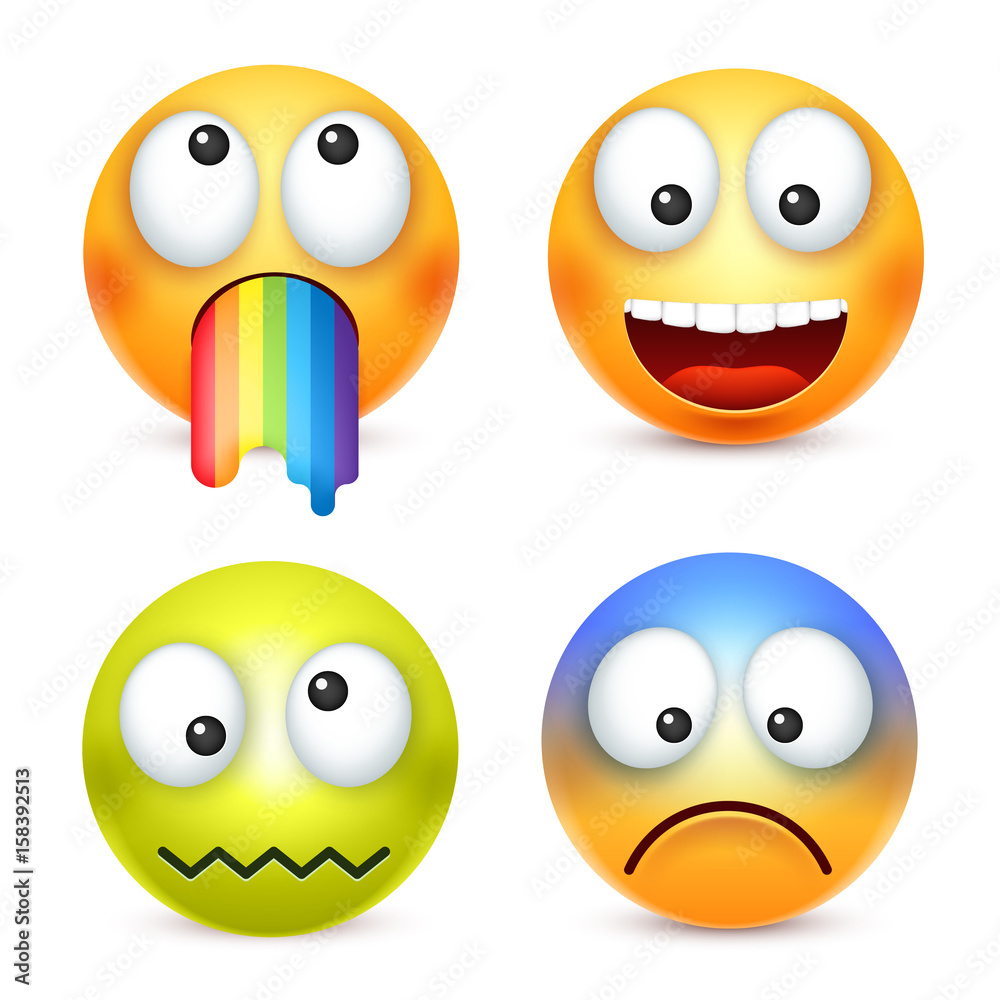 Smiley set, crazy,happy emoticon. Yellow face with emotions. Facial expression. 3d realistic emoji. Funny cartoon character.Mood. Web icon. Vector illustration.