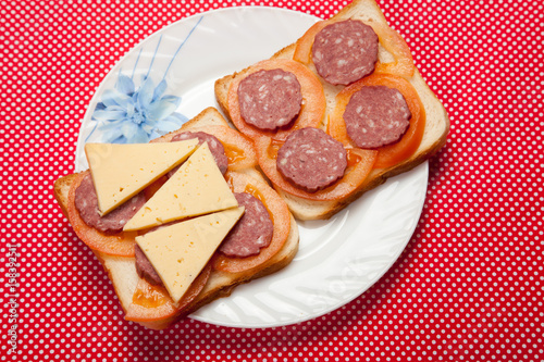 Toast with sausage and cheese on a plate on a red table