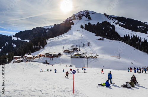 Skiers on the slopes of the ski resort of Soll, Tyrol, Austria