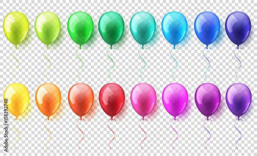 Transparent Isolated Realistic Colorful Glossy Flying Air Balloons set. Birthday party. Ribbon.Celebration. Wedding or Anniversary.Vector Illustration.