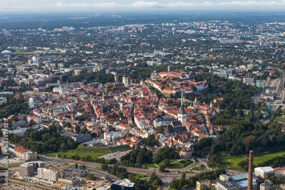 Scenic summer aerial shot of the Old Town in Tallinn, Estonia