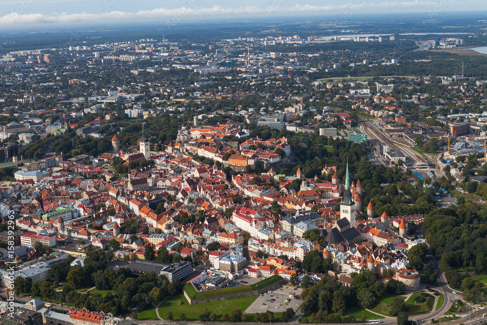 Scenic summer aerial shot of the Old Town in Tallinn, Estonia