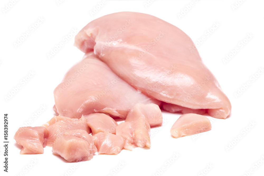 Top view of raw chicken fillet chunks isolated on white Top view of raw chicken fillet chunks isolated on white