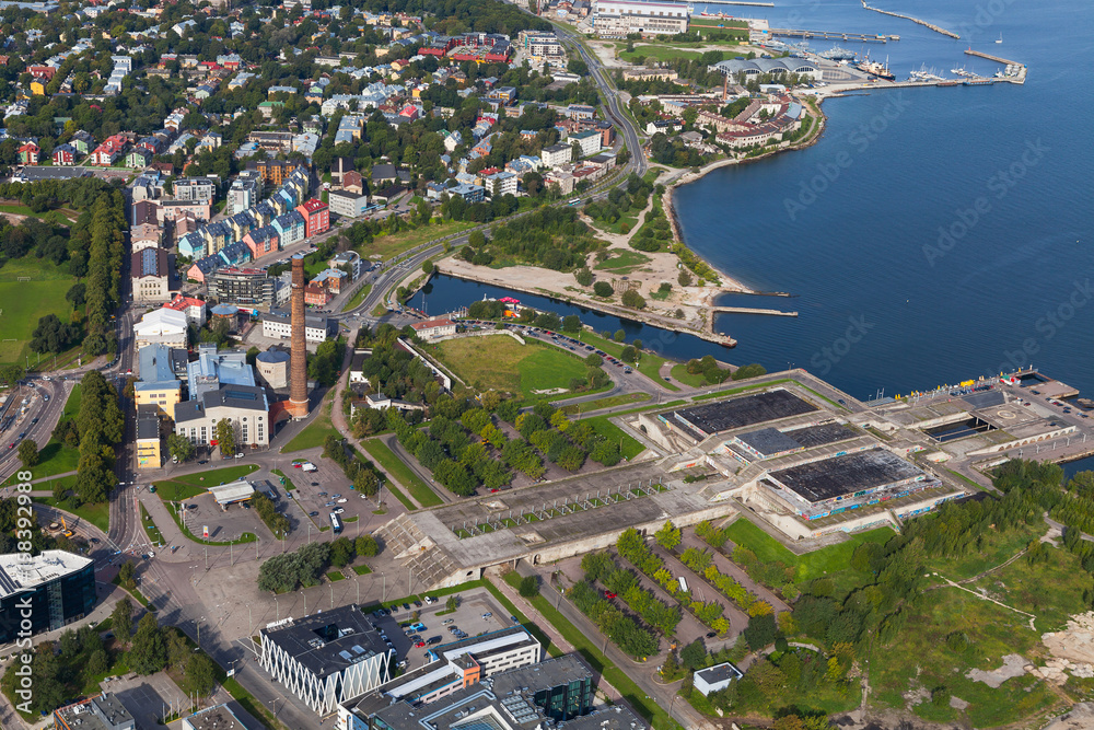 TALLINN, ESTONIA - AUGUST 15, 2016: Olympic concert hall and sea shore. Aerial view.
