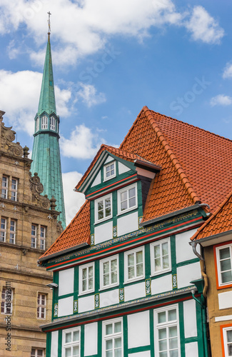 Colorful facade and church tower in Hameln