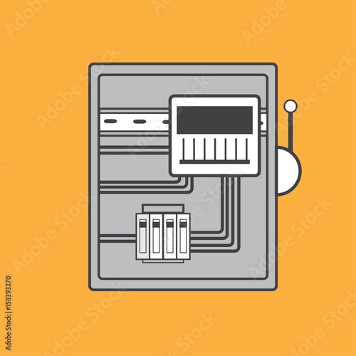 Electrical panel, switch with wires, electric meter in box on white background.