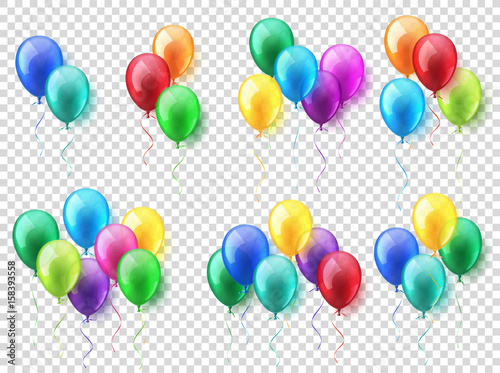 Transparent Isolated Realistic Colorful Glossy Flying Air Balloons set. Birthday party. Ribbon.Celebration. Wedding or Anniversary.Vector Illustration.