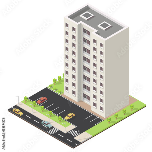 Vector isometric illustration city street house facades landscape.