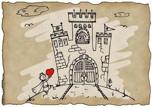 Ink knight story of love, vector prince knight giving a red hurt and will save a princess