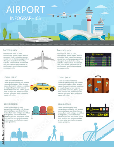 Airport passenger terminal and waiting room. International arrival departures background vector illustration airplane infographic 