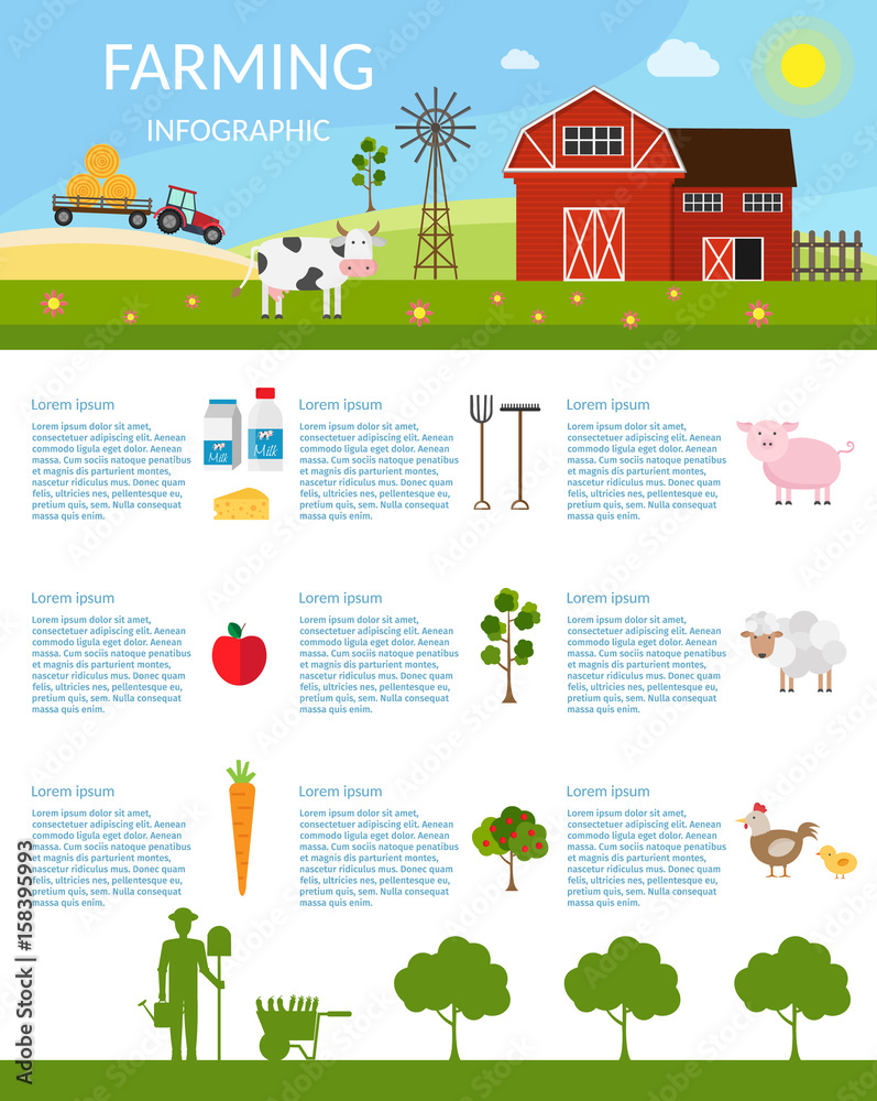 Big set infographics vector farm elements and ecology cartoon gardening background 