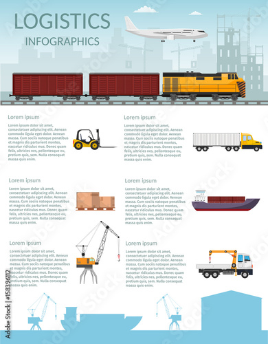 Logistics infographic elements and transportation concept vector web banners of train, cargo ship, Air export cargo trucking Freight Storage of goods