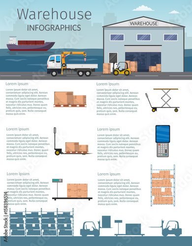 Warehouse interior storage vector set, with shipping and delivery, roof and lamps, flat illustration Logistic concept wagon truck 
