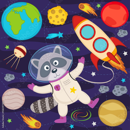 фотографія raccoon in space - vector illustration, eps