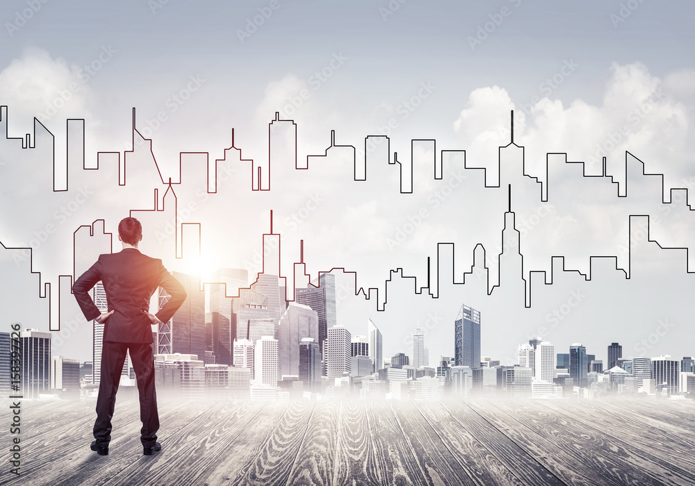Motivation and inspiration concept with modern cityscape and bus Motivation and inspiration concept with modern cityscape and bus