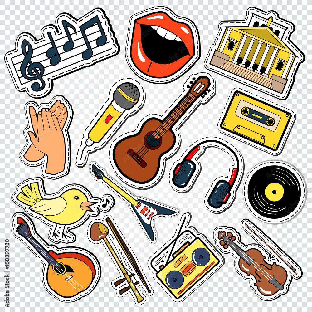 Music Doodle with Guitar, Microphone and Headphones. Musical Stickers,  Patches and Badges. Vector illustration Stock Vector | Adobe Stock