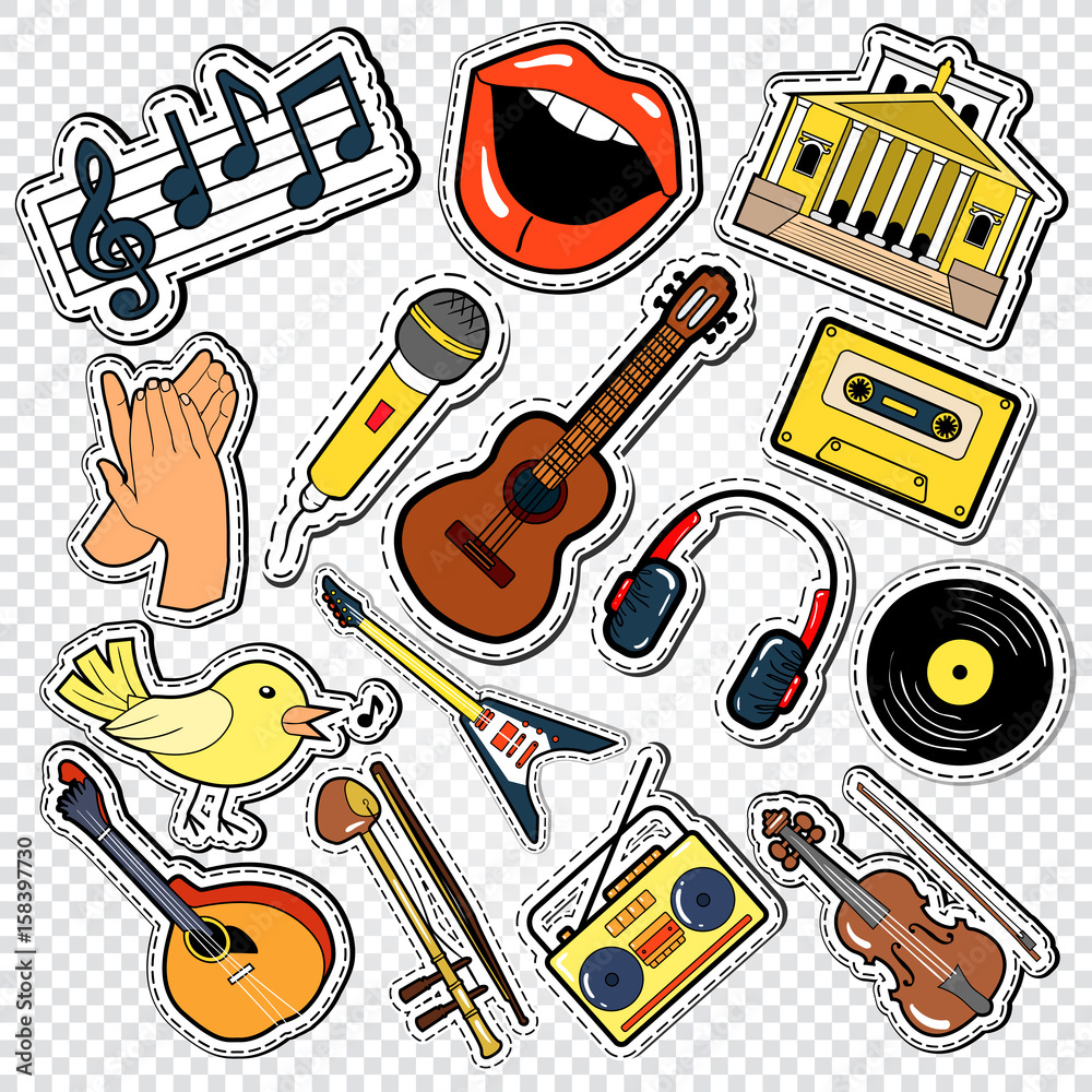Music Doodle with Guitar, Microphone and Headphones. Musical Stickers