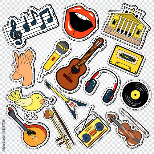 Music Doodle with Guitar, Microphone and Headphones.  Musical Stickers, Patches and Badges. Vector illustration