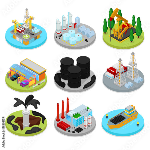 Isometric Oil Industry. Industrial Plant, Platform Drilling and Barrels. Fuel Production. Vector flat 3d illustration