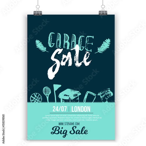 Garage Sale poster layout with hand drawn elements and lettering in trendy style. Grunge old flea background
