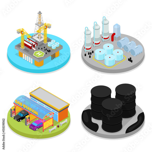 Isometric Oil Industry. Industrial Plant, Platform Drilling and Barrels. Fuel Production. Vector flat 3d illustration