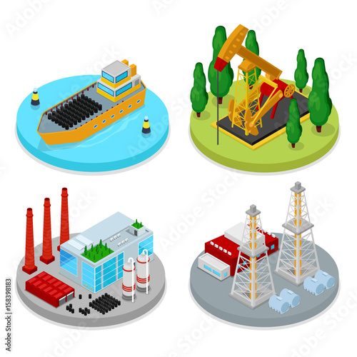 Isometric Gas and Oil Industry. Industrial Plant, Platform Drilling and Barrels. Fuel Production. Vector flat 3d illustration