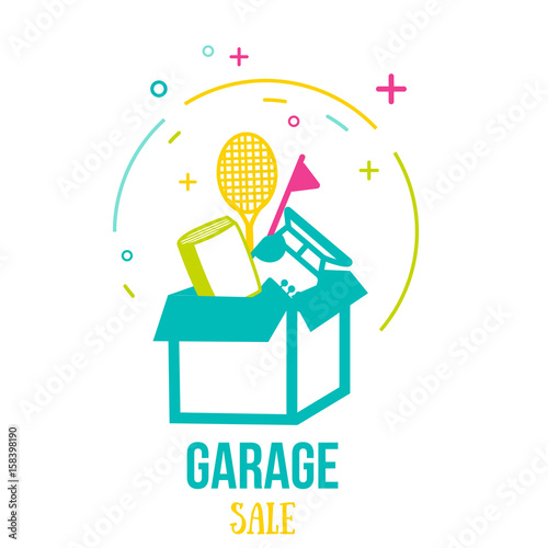Creative vector garage or yard sale icon design. Modern promotion illustration in line art style