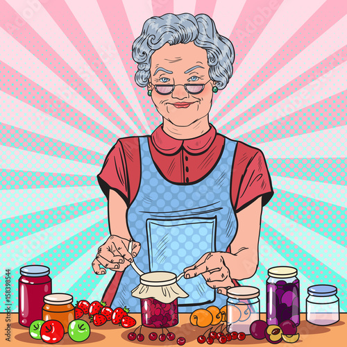 Pop Art Happy Senior Woman Making Homemade Jam. Healthy Eating. Vector illustration