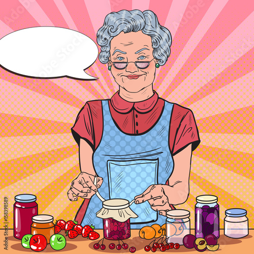 Pop Art Smiling Senior Woman Making Homemade Jam. Healthy Eating. Vector illustration