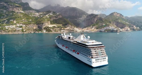 aerial View of Big cruise ship came to Amalfi at Italy