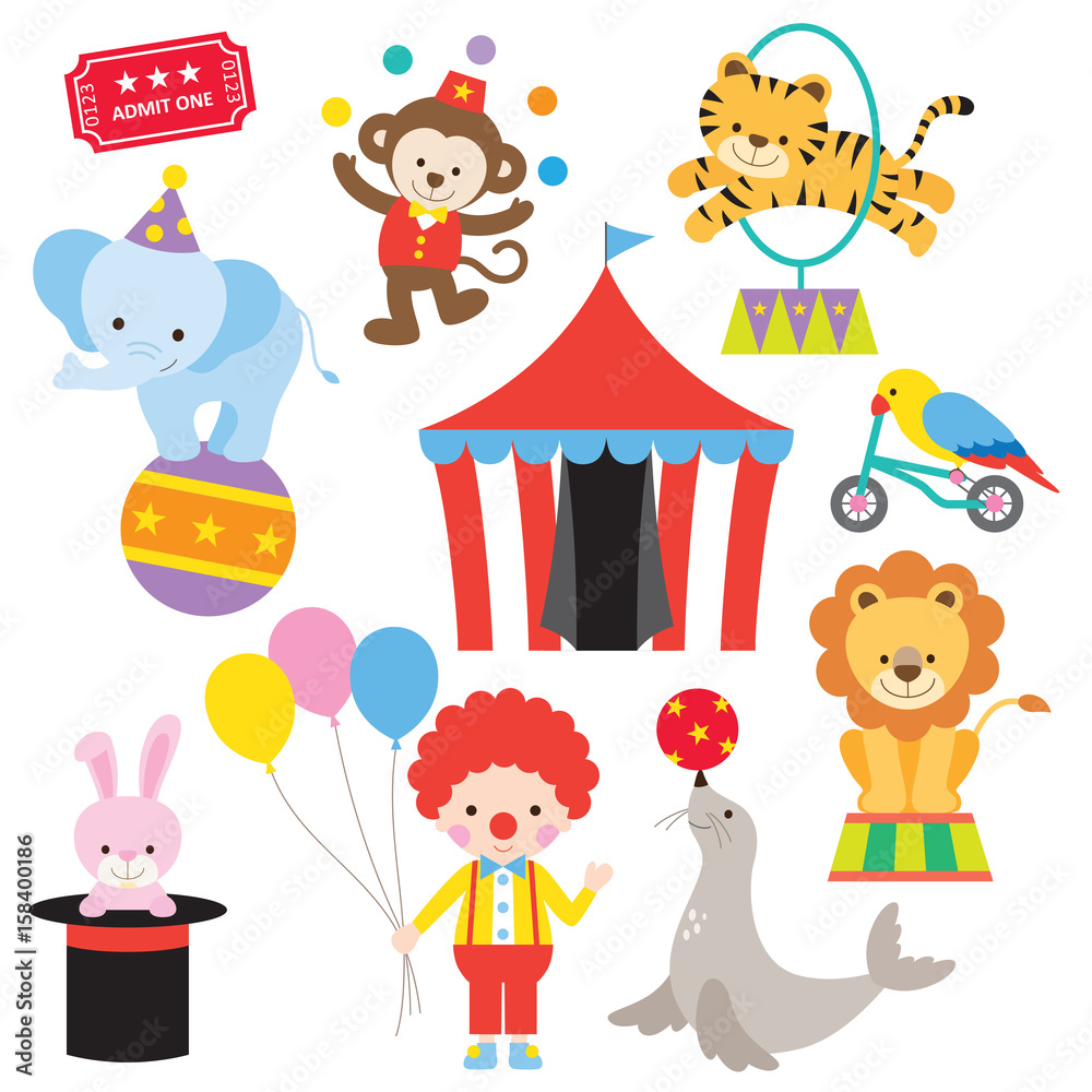 Vector illustration of cute and colorful circus animal set. Stock ...